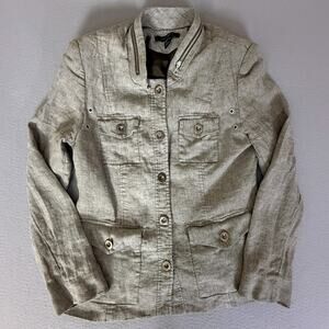 Louben Canada Linen Blend Safari Utility Jacket Tan Stand Collar Zip Pockets 10